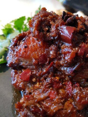 Slow Cooked Brisket with Hot Sour Sweet Salty Sauce & Aubergine & Chilli Pickle