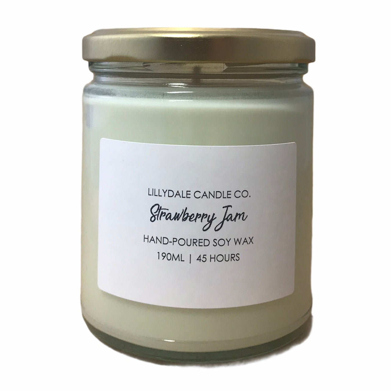 A white jar with a label that reads 'Strawberry Jam' and indicates the scent, along with the brand Lilydale Candle Co. The jar size is 100g / 3.